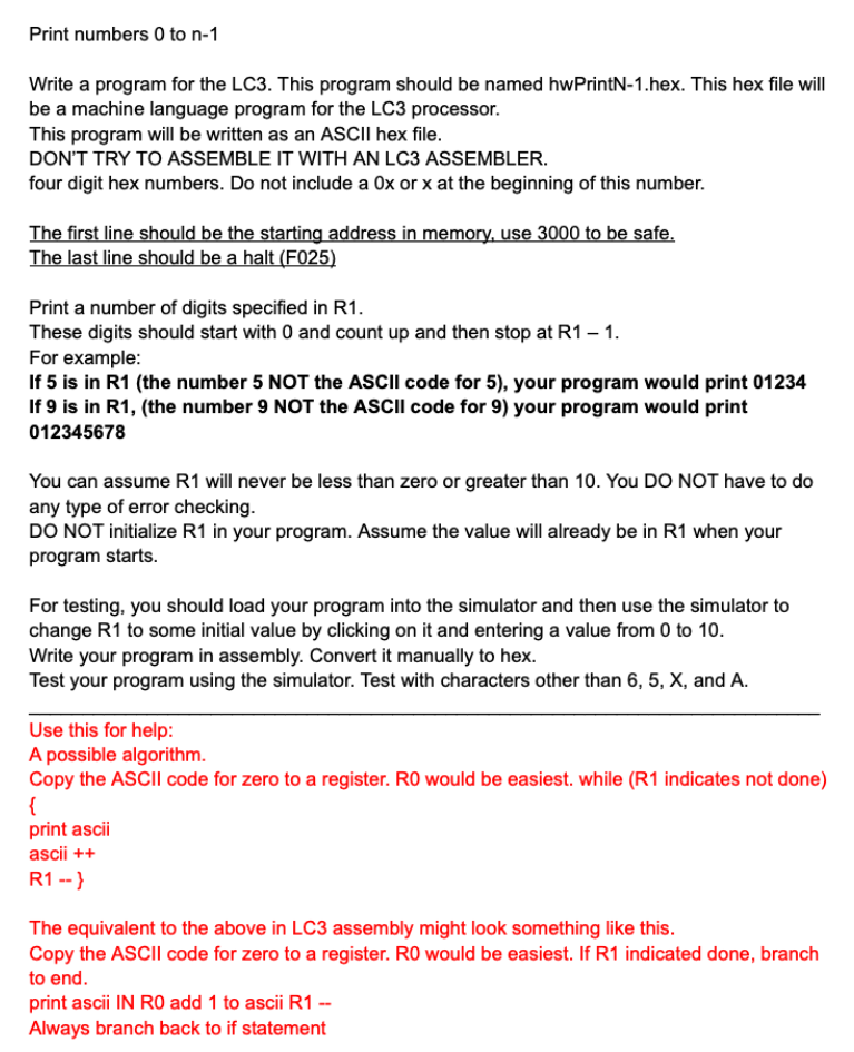  Print numbers 0 to n1 Write a program for the LC3.