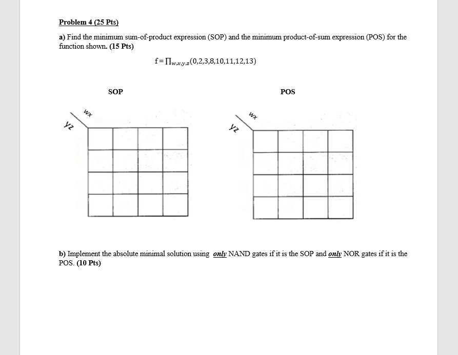 Problem 4 (25 Pts) a) Find the minimum sum-of-product expression (SOP)