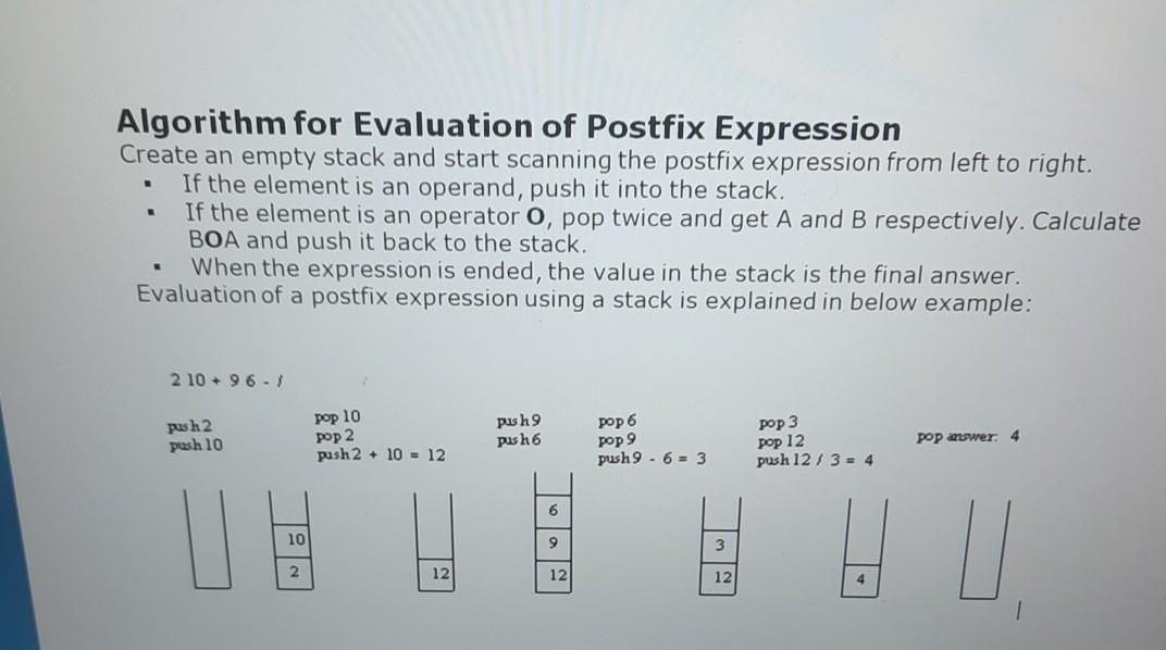  with c language Algorithm for Evaluation of Postfix Expression Create an