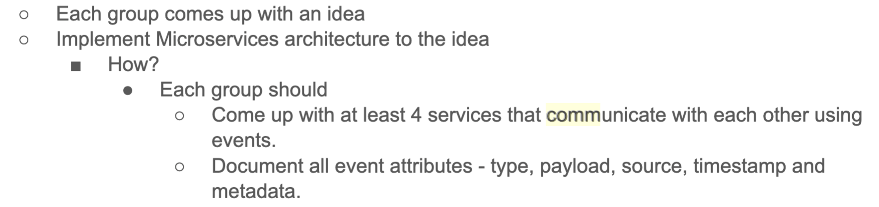  Each group comes up with an idea Implement Microservices architecture to