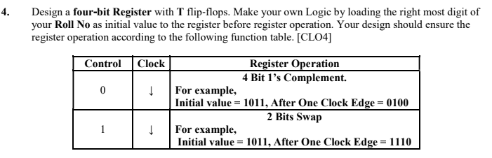 please note roll no.= 571 4. Design a four-bit Register with