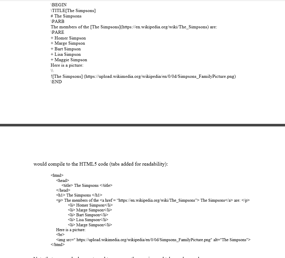 Create a BNF grammar that would implement an html source code as