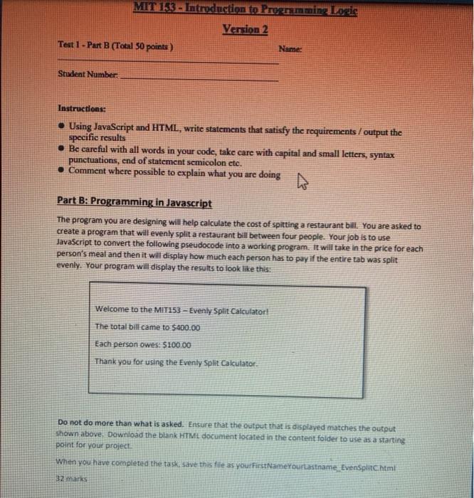  MITIR3 - Introduction to Programming Logic Version 2 Test 1 -