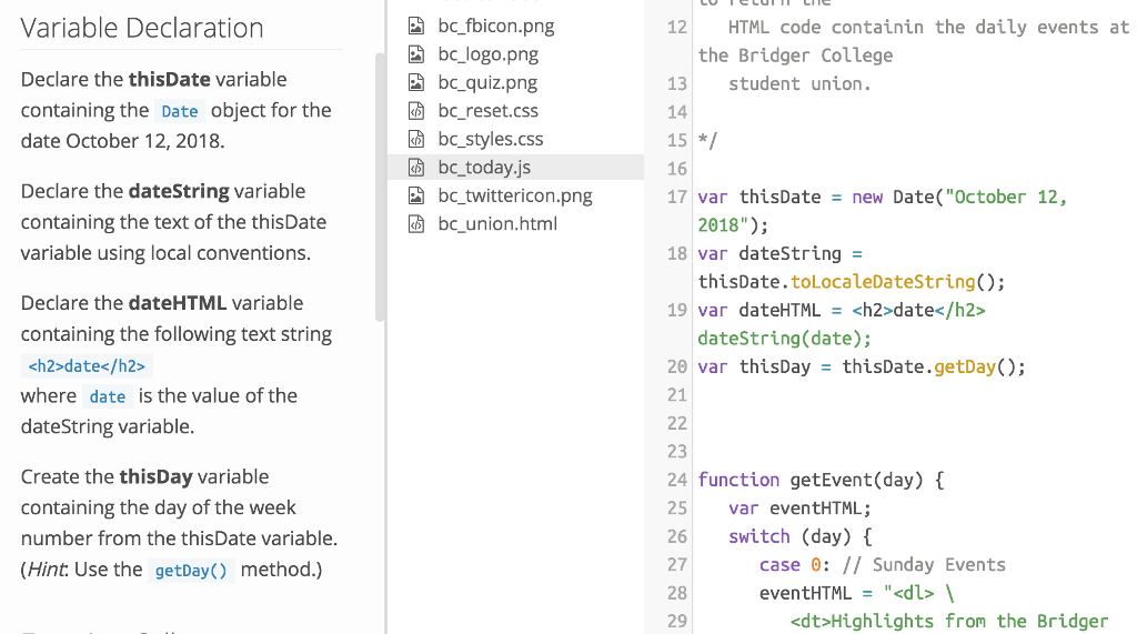 Need help understanding what the third instruction "dateHTML" under "Variable Declaration" is