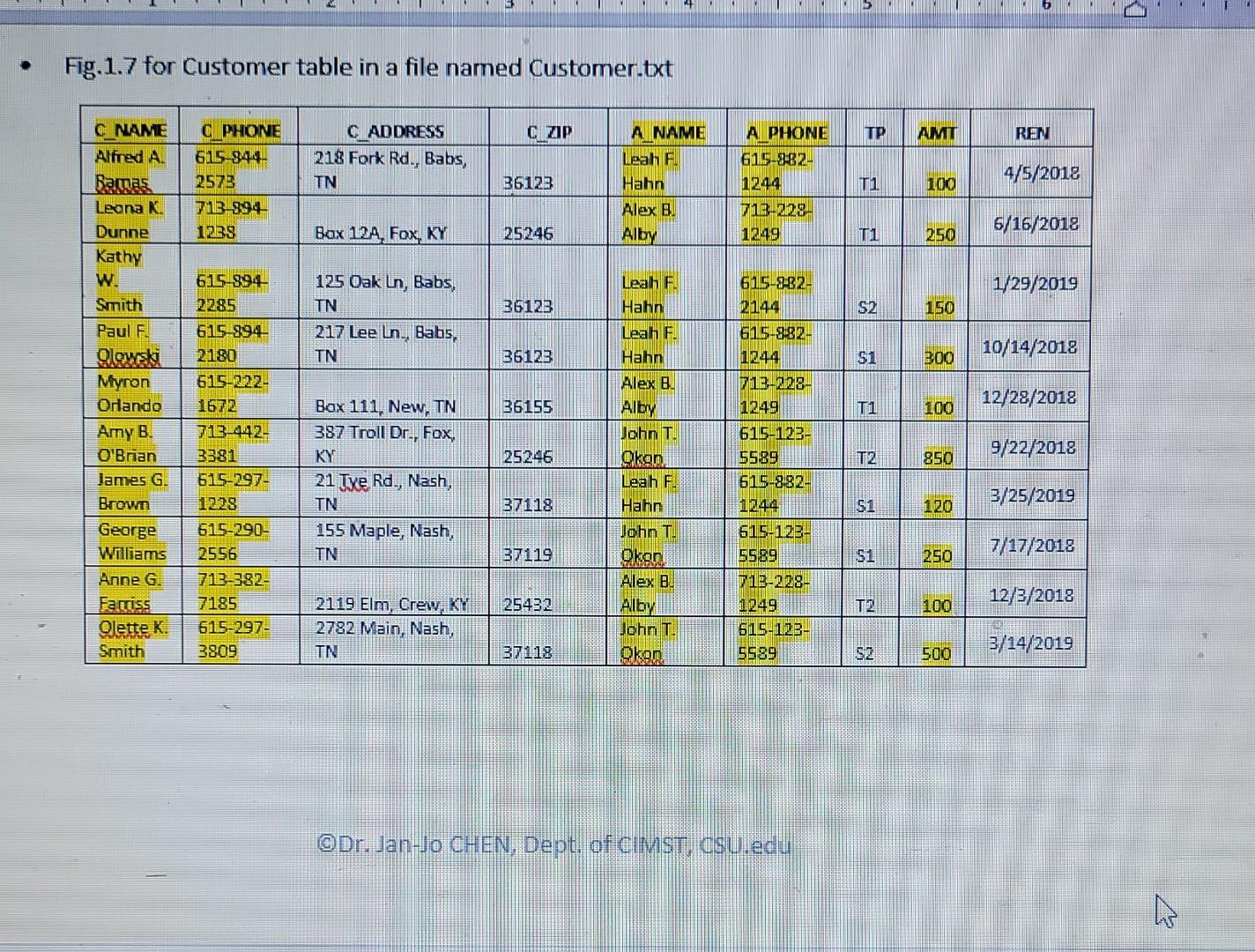  implement (in C++/Java/Python) - Fig. 1.7 for Customer table in a