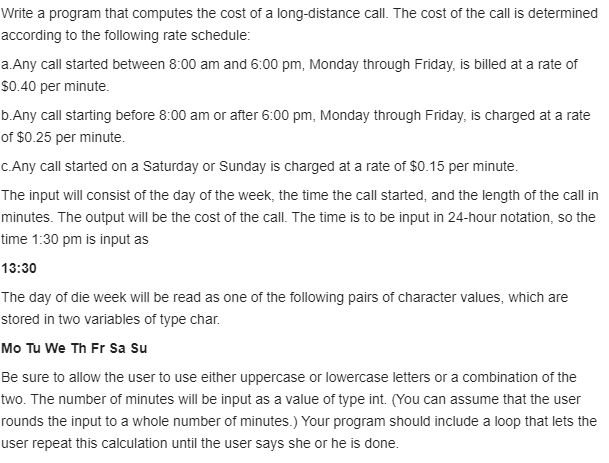 C++ Write a program that computes the cost of a long-distance call.