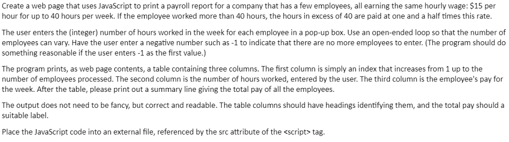 Create a web page that uses JavaScript to print a payroll