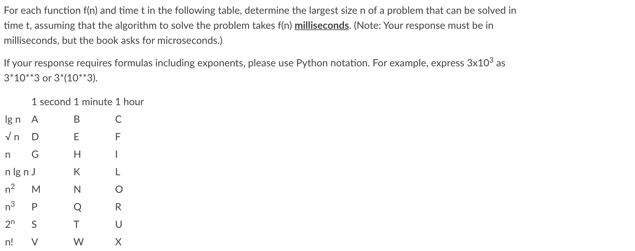  Need help on JKL For each function f(n) and time t