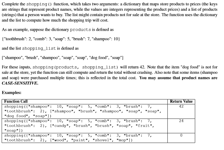  use python Complete the shopping ) function, which takes two arguments: