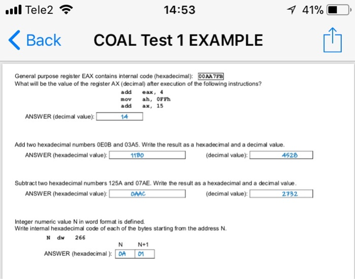  Tele2 14:53 4190 Back COAL Test 1 EXAMPLE General purpose register