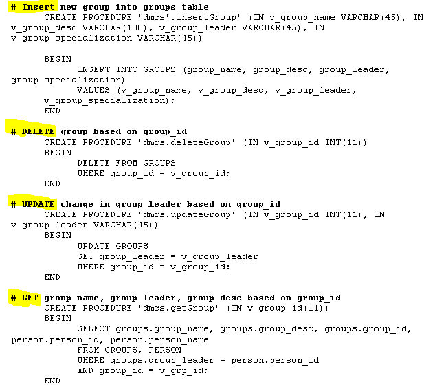 get stored procedure statements for the following table (Quarantined), using the examples