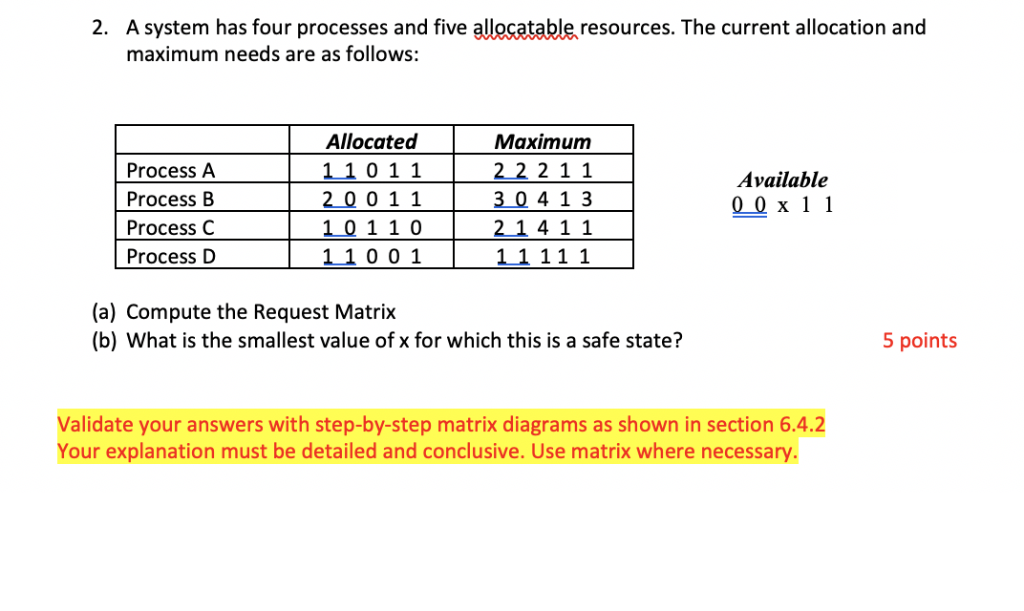  A system has four processes and five allocatable resources. The current