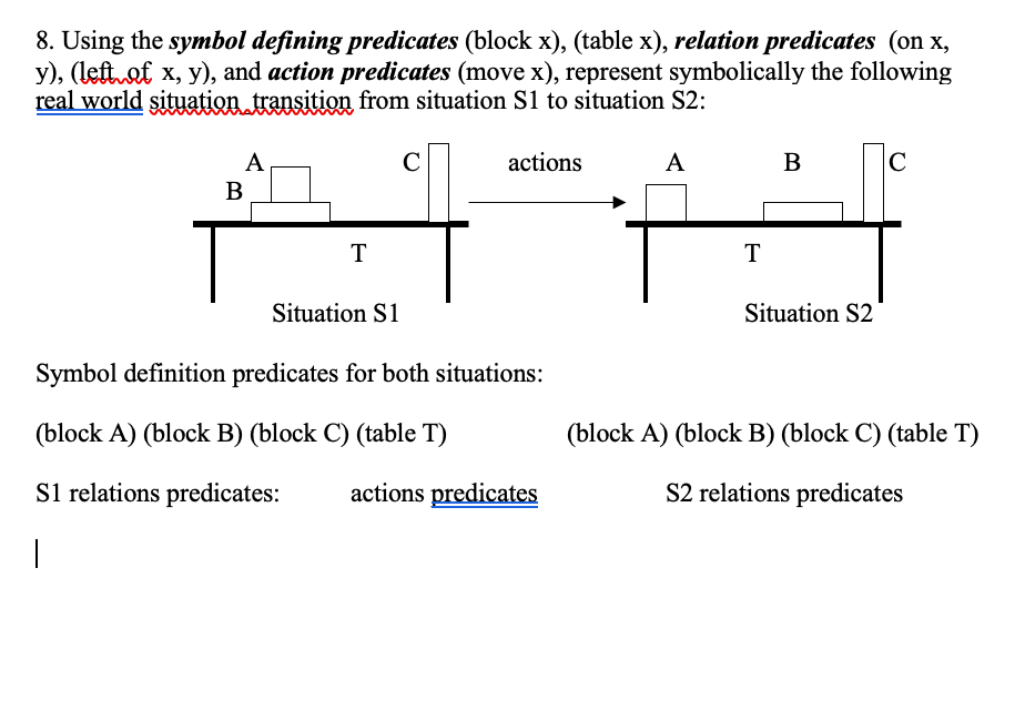 8. Using the symbol defining predicates (block x), (table x), relation