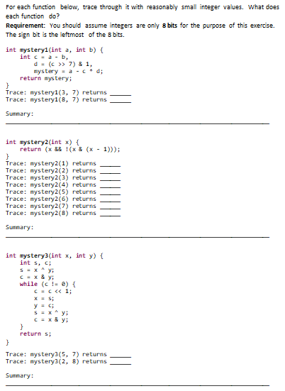  For each function below, trace through it with reasonably small integer