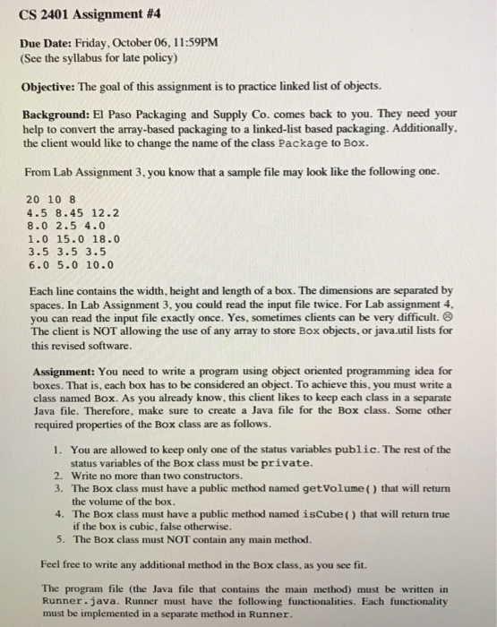  (Java language) Do linked list by hand CS 2401 Assignment #4
