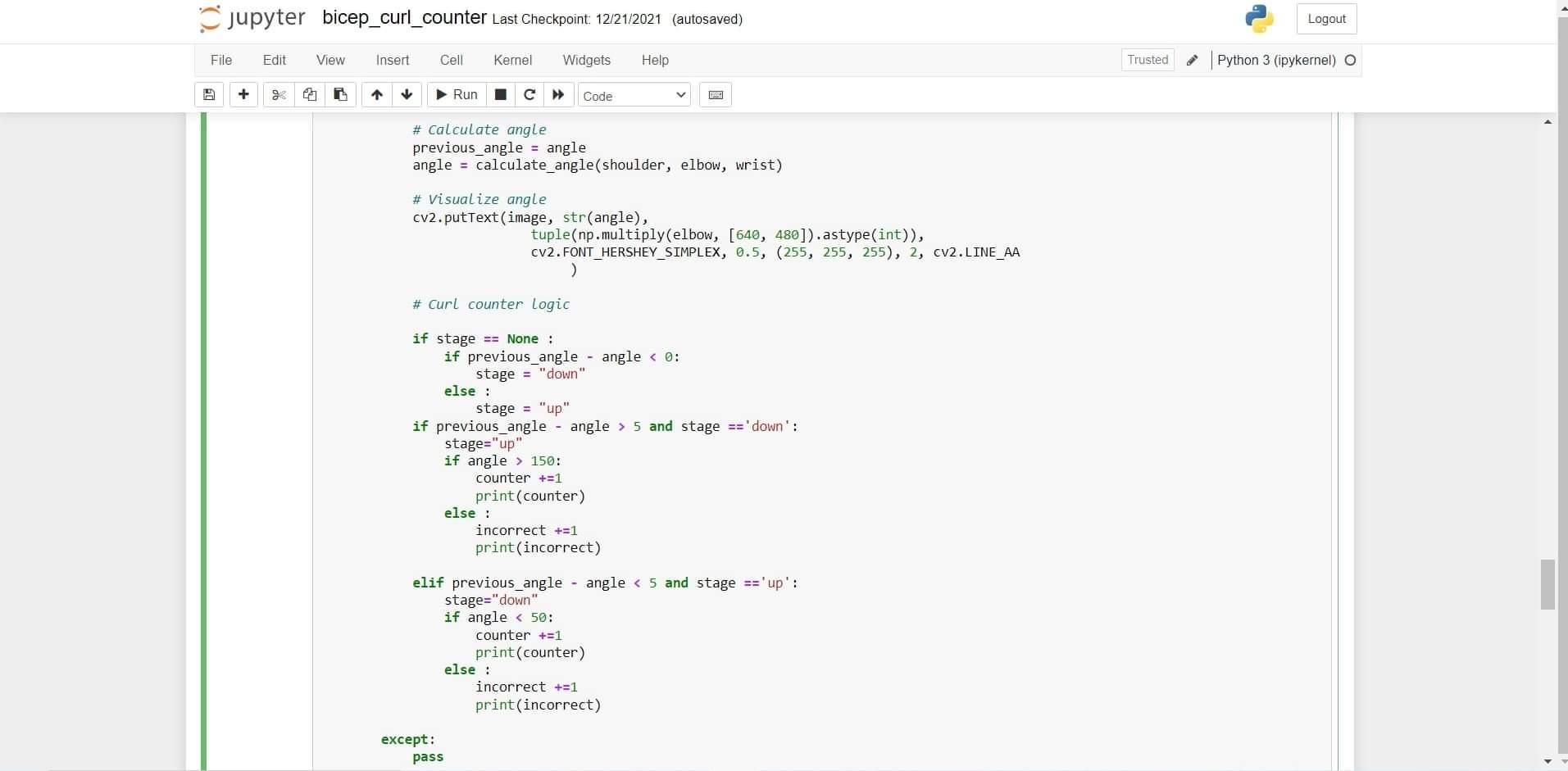using jupyter notebook where the angle is calculated by detecting the landmarks