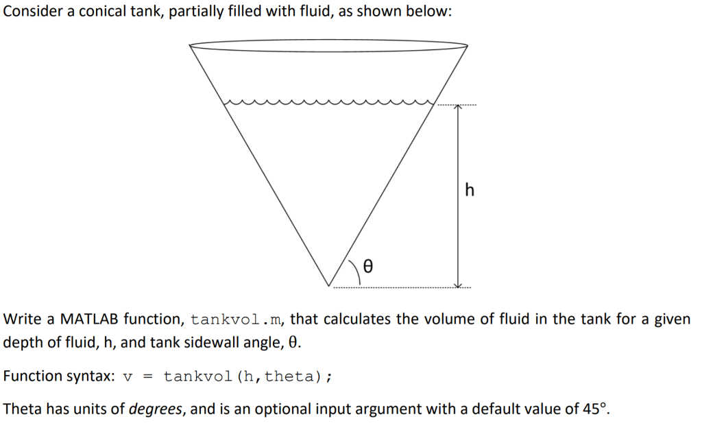 Using MATLAB Consider a conical tank, partially filled with fluid, as shown
