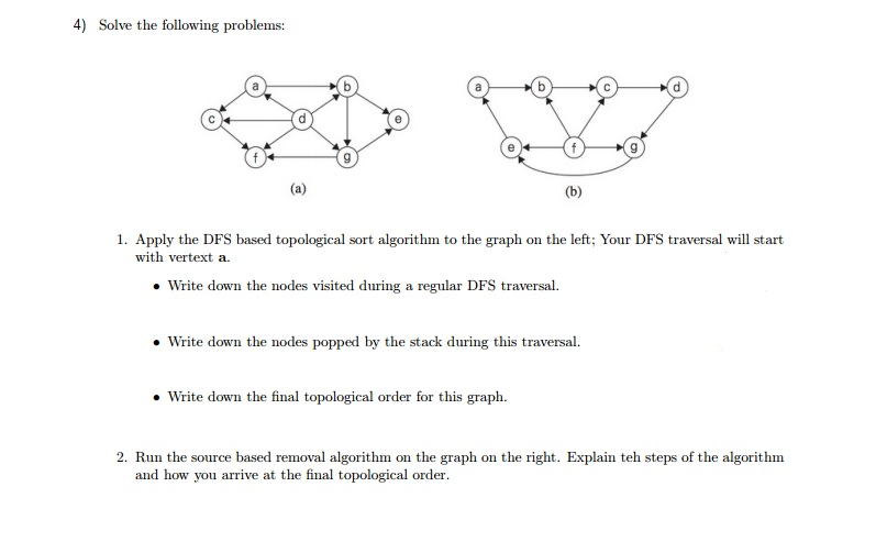 Solve the following problems: Apply the DFS based topological sort algorithm