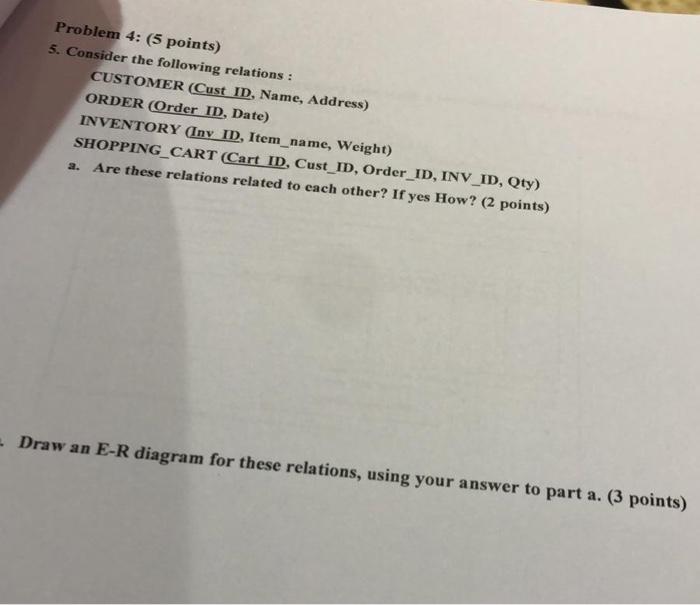  Problem 4: (5 points) 5. Consider the following relations : CUSTOMER