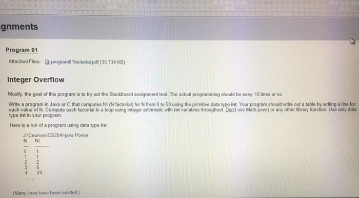  gnments Program 01 Attached Files program01factorial pdf (35.734 KB Integer Overflow