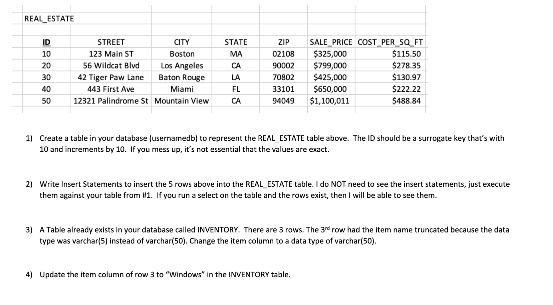  Create a table in your database (usernamedb) to represent the REAL_ESTATE