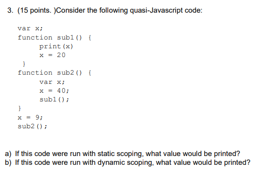  3. (15 points. Consider the following quasi-Javascript code: var x; function