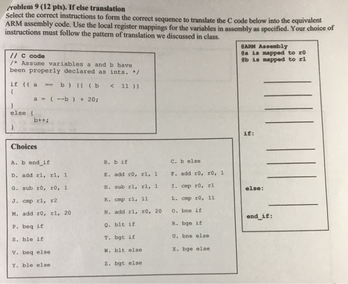  problem 9 (12 pts). If else translation Select the correct instructions