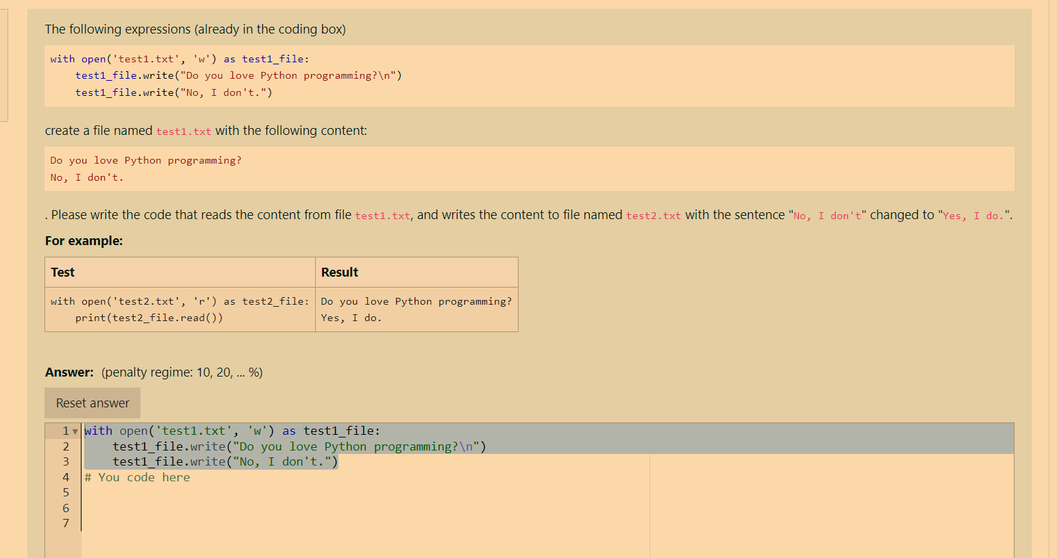 The following expressions (already in the coding box) create a file