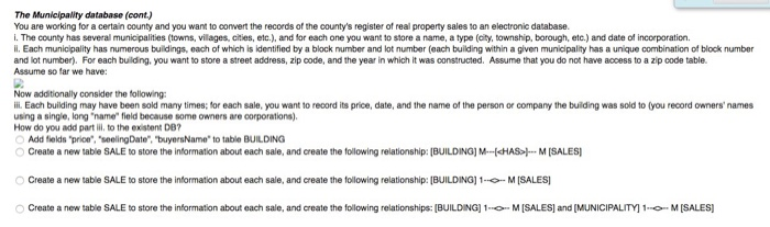 The Municipality database (cont) You are working for a certain county