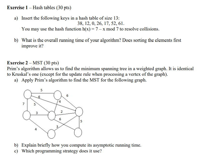 needed asap Exercise 1 - Hash tables (30 pts) a) Insert the
