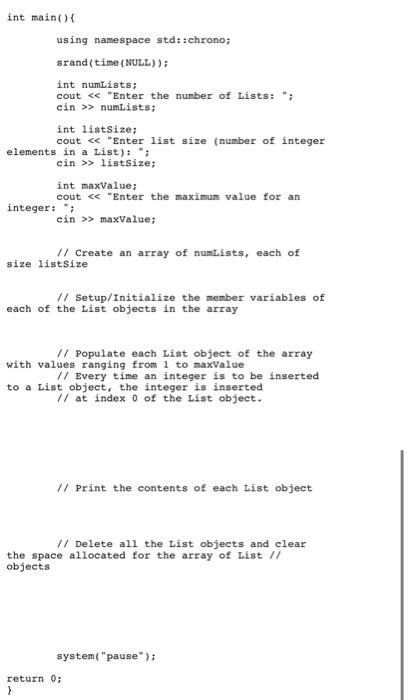 the main function of the code to create an array of List