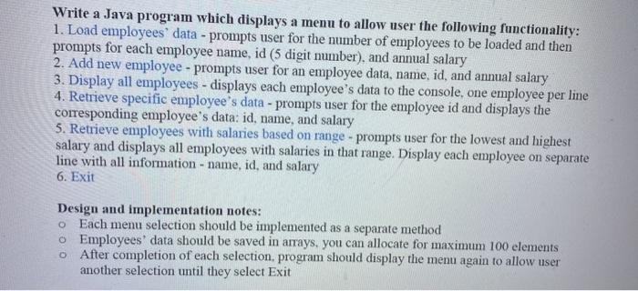  Write a Java program which displays a menu to allow user