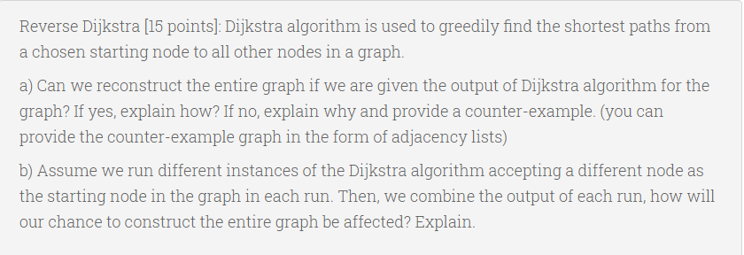  Reverse Dijkstra [15 points]: Dijkstra algorithm is used to greedily find