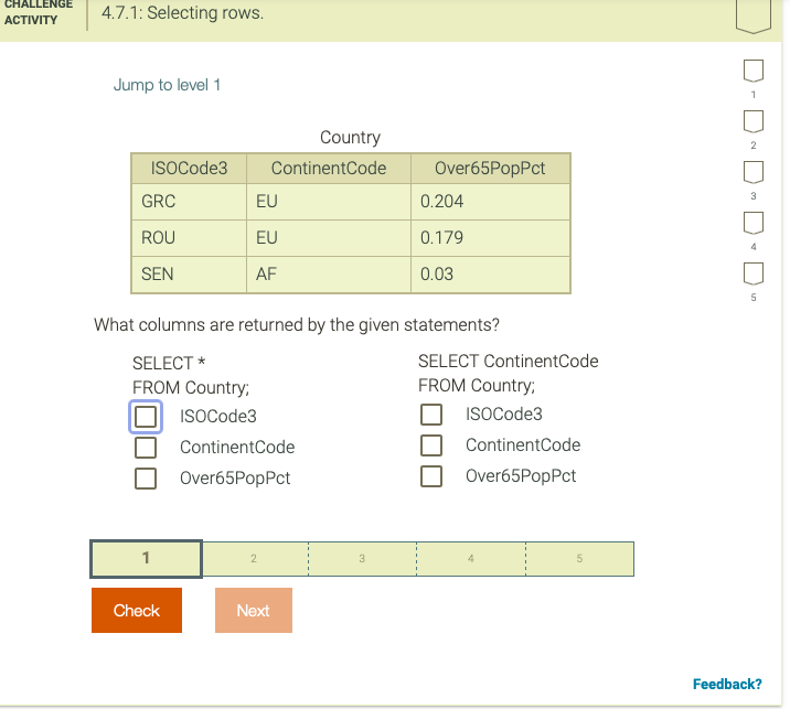 HALLENGE ACTIVITY 4.7.1: Selecting rows. Jump to level 1 2 ISOCode3