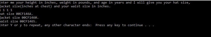 double hat(double weight, double height); double jacket(double height, double weight, int age);