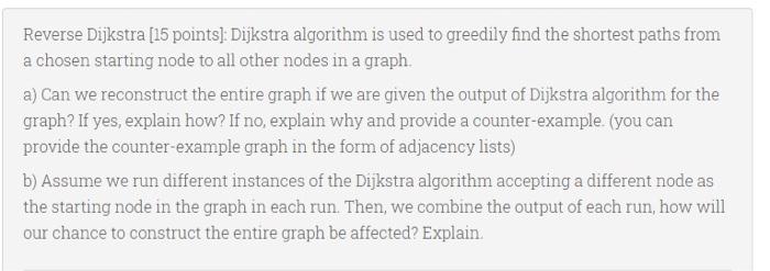  Reverse Dijkstra [15 points]: Dijkstra algorithm is used to greedily find