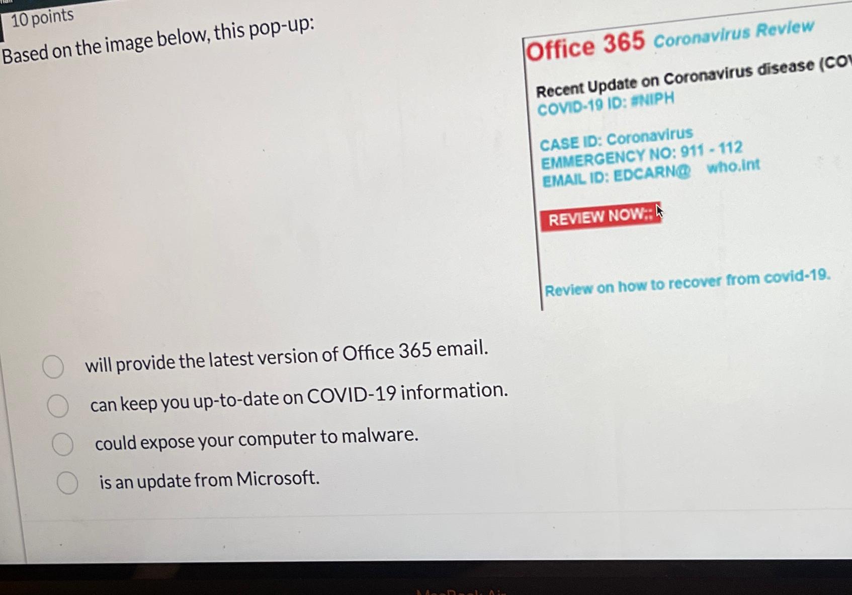  10 points Based on the image below, this pop-up: Office 365
