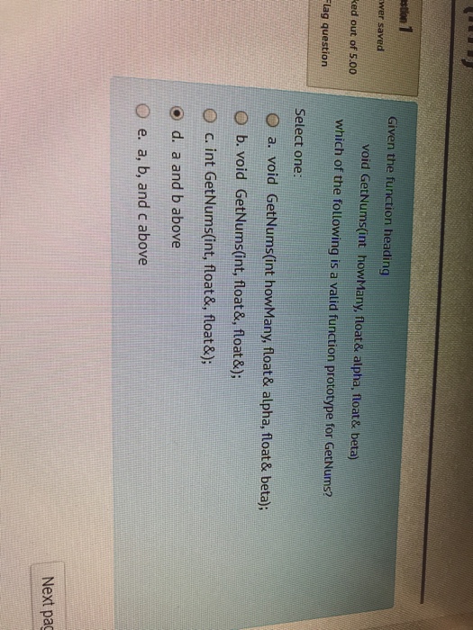  Given the function heading wer saved void GetNums(int howMany, float& alpha,