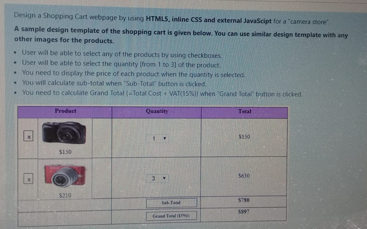  Design a Shopping Cart webpage by using HTML5, inline CSS and