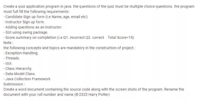  Create a quiz application program in java, the questions of the
