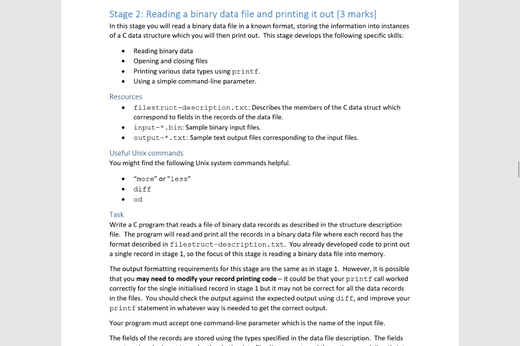  Stage 2: Reading a binary data file and printing it out