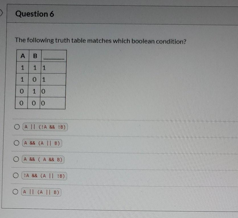 Question 6 The following truth table matches which boolean condition? B