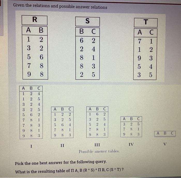  Given the relations and possible answer relations R S B 6