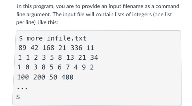 input filename and an output filename), sorts the numbers in the input