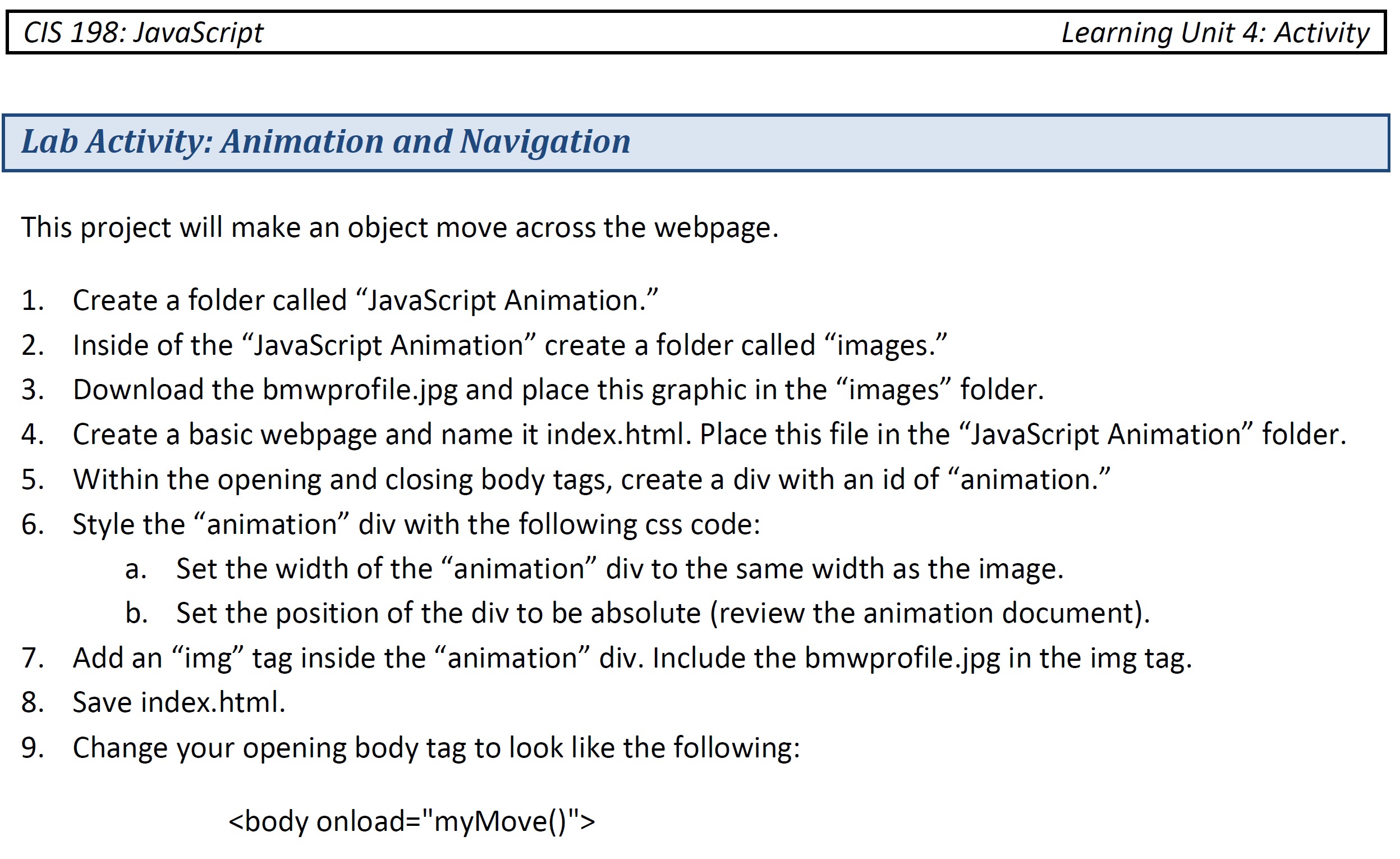 Unit 4 JavaScript - Animation and Navigation - Just Need JavaScript code