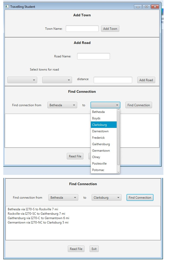  The GUI will have four sections: an Add Town section, an