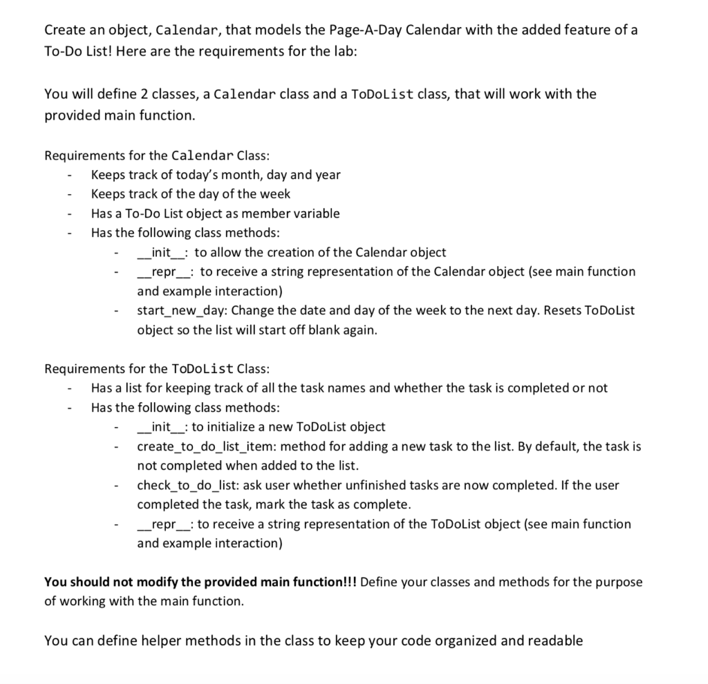 in python Create an object, Calendar, that models the Page-A-Day Calendar with