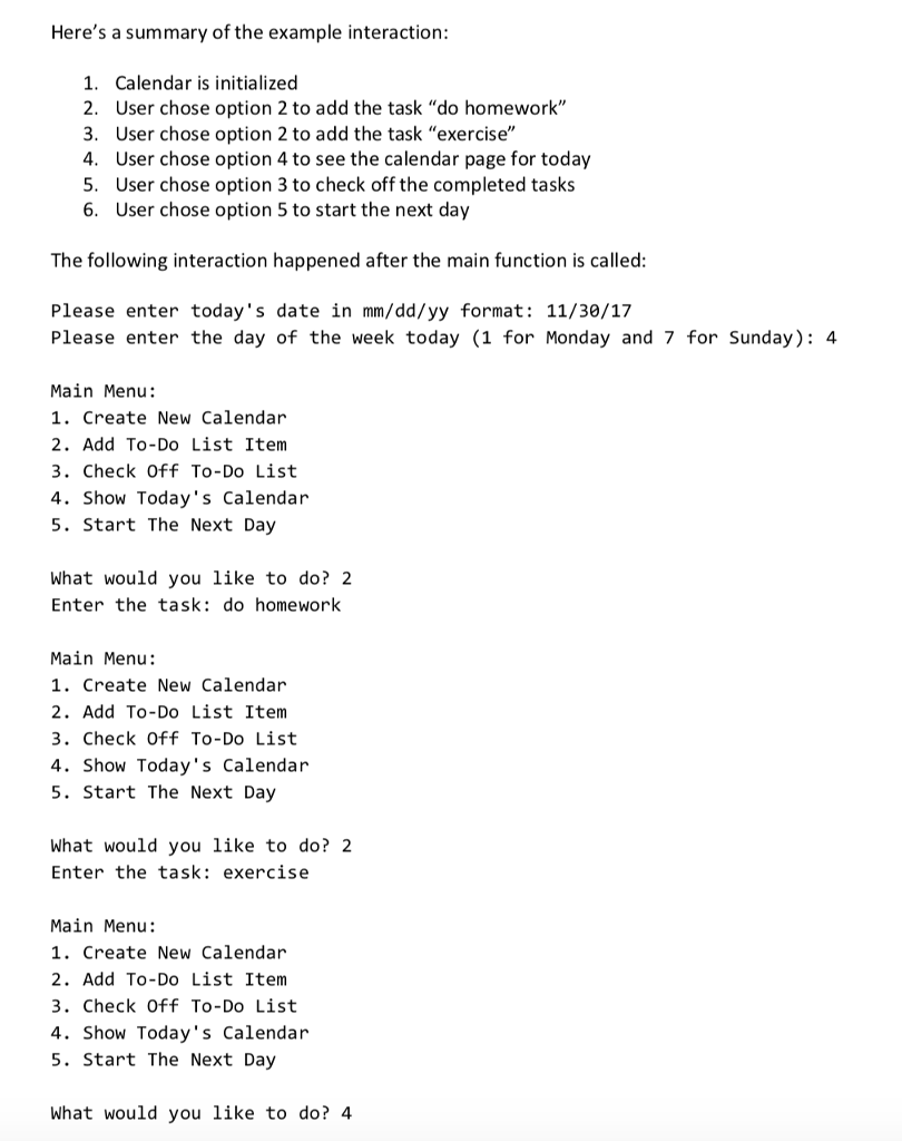 the lab You will define 2 classes, a Calendar class and a