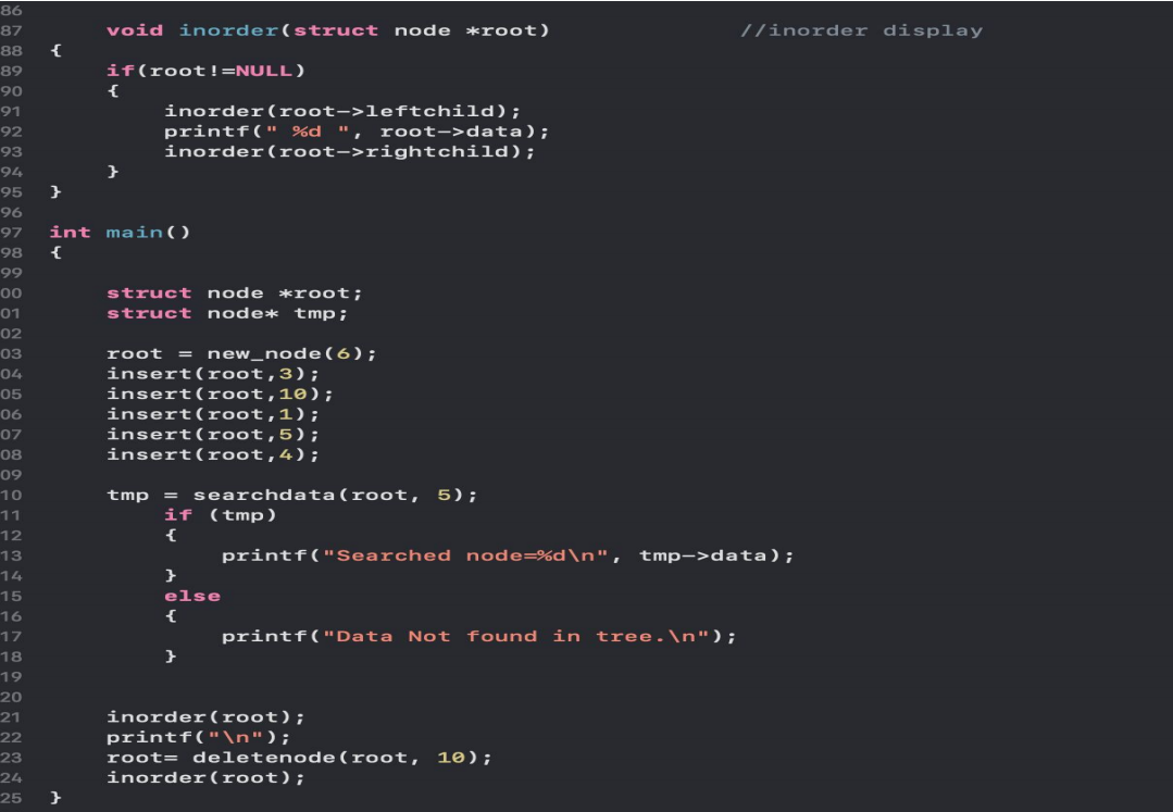 a binary search tree I. Display inorder form II. Search an element