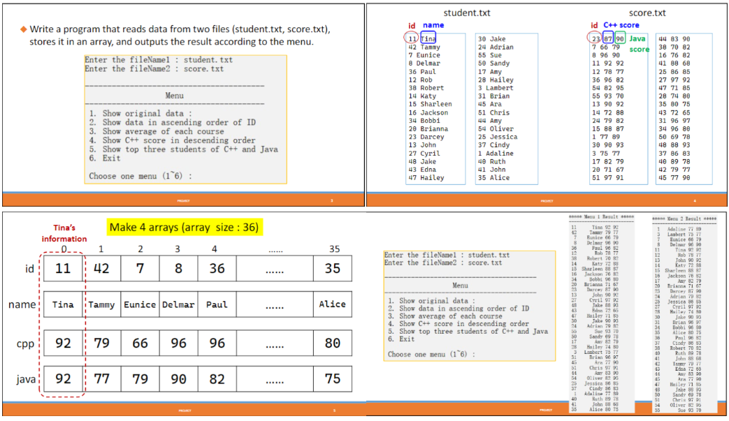  Write a program that reads data from two files (student.txt, score.txt),